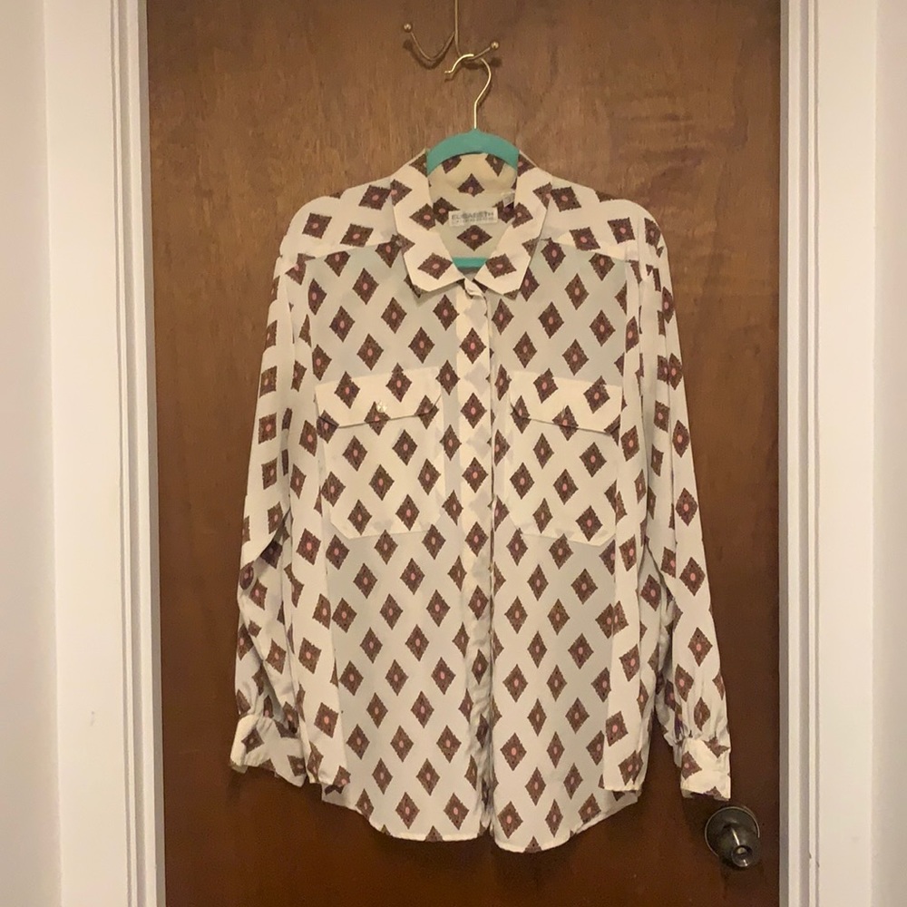 90s Elisabeth Liz Claiborne blouse - tag size 14 - ivory bronze medallion pink